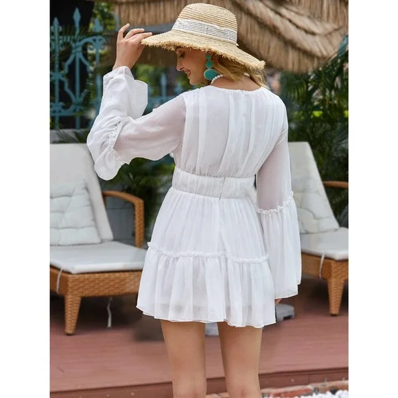 Plunging v Neck Frill Ruffle Hem long sleeve Chiffon mini Dress white - Picture 2 of 11